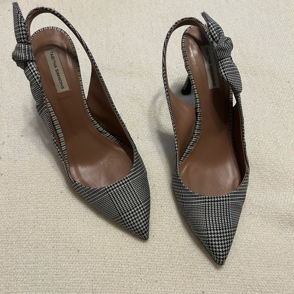 Tabitha Simmons Black and White Checkered Slingback Heels with side bow